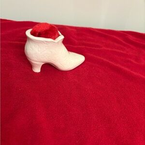 Vintage white milk glass Ceramic shoe pin cushion.